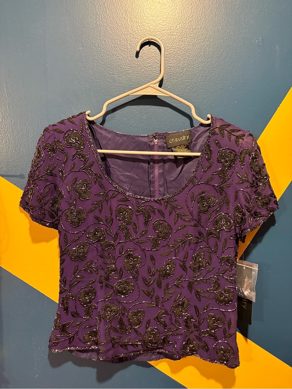 Anthropologie Chaudry Blueberry Silk Beaded Short Sleeve Blouse NWT